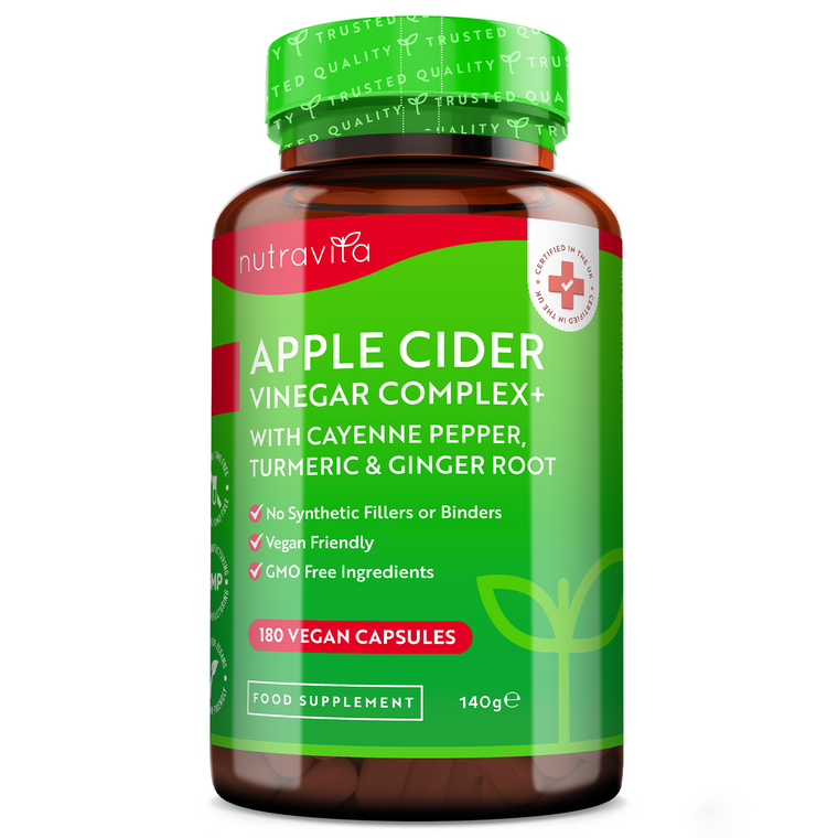 Apple Cider Vinegar - 180 Vegan Capsules with Pepper, Turmeric and Ginger