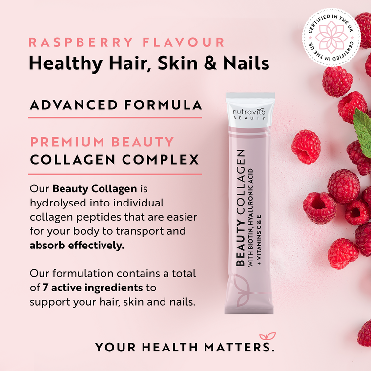 Collagen Sachets - Enhanced with Biotin, Hyaluronic Acid, Vitamin C & E - 30 Raspberry Flavoured Sachets